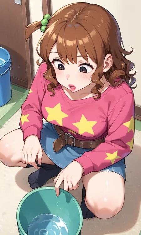 (1girl:1.5), (solo:1.3), (score_9, score_8_up, score_7_up, score_6_up, score_5_up, score_4_up), (source_anime), rating_questionable,
 <lora:kutsuzoko-atsuko_v3:0.8> (kutsuzoko-atsuko), (hair between eyes, black eyes, one side up, hair beads, brown hair, medium hair, curly hair, pink lips, lipstick), (large breasts), 
 (dark pink shirt, star print, long sleeves, brown belt, loose belt, denim skirt, miniskirt), black socks,
indoors, bucket, water,  (looking down:1.3), washing hands, squatting, open mouth,   (from above:1.3)