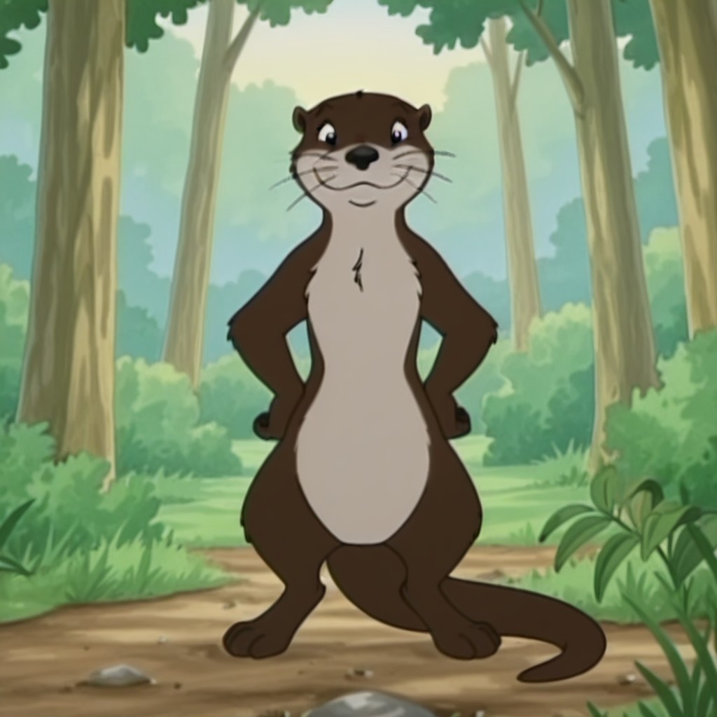 masterpiece, best quality, amazing quality, otterfrnklnilv2, semi-anthro, female otter, brown fur, black eyes, whiskers, outside, standing, in forest, straight-on, hands on hips, <lora:85202ac1-575c-487d-98b4-986c5e3fb4e2:1.0>