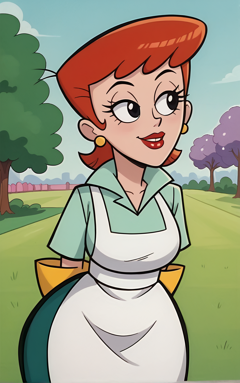 score_9, score_8_up, score_7_up, BREAK
MainOutfit_DextersMom_ownwaifu, 
1girl, aqua shirt, breasts, collared shirt, earrings, eyelashes, green leggings, narrow waist, oven mitts, red hair, red lips, short hair, thick thighs, white apron, wide hips, yellow gloves, jewelry, lipstick, makeup, apron, black eyes, short sleeves,
(leaning forward, arms behind back), cowboy shot, garden, wisteria, outdoors, <lora:PONYXL_MOM_DextersMom_ownwaifu:0.85> , depth of field, solo,