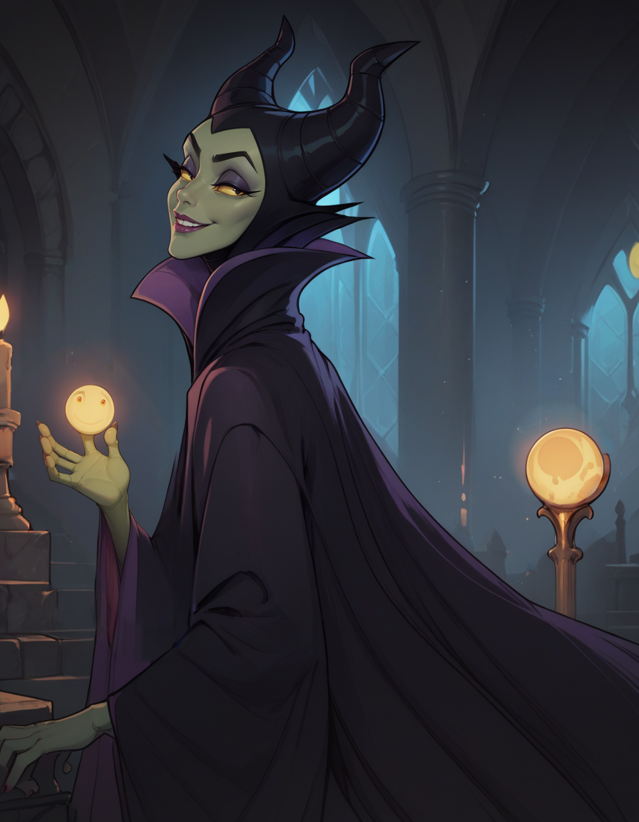 score_9, score_8_up, score_7_up,     
1girl, solo,
maleficentdg,
colored skin, yellow sclera, green skin, 
 wide sleeves, high collar, black cape, 
open hand, 
half-closed eyes, smile, parted lips, 
castle interior, night,from side,  
 <lora:Maleficent DG PXL v01-000003:0.90>