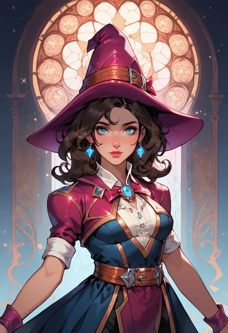 score_9, score_8_up, score_7_up, ((face focus, eye focus, dynamic angle, motion)), 1girl, fantasy, Tarot Card Style, witchkiri, sexy witch costume, witch hat, lace, cape, breathless intimacy, tanned skin, petite model bombshell, heart, young, delicate features, narrow pointy nose, tiny nose, brown hair, medium length hair, bob cut, lust, big eyes, seductive eyes, blue eyes, detailed skin, flared lashes, mascara, makeup, perky medium breasts, athletic body, narrow waist, skinny hips,
warm light, detailed, neon dark party
 BREAK
milky way, runes, arcane, astral, surreal, ethereal glow, masterpiece, best quality, intricate design. colorful, moonlit nightsky, stained glass aesthetic, moody whimsical color palette, murano glass, bold soldering lines, volumetric light shining through, crepuscular rays, intricate craftsmanship, detailed texture, luminous transparency, reflective light play, vivid hues, atmospheric depth, enchanting silhouette, art nouveau,