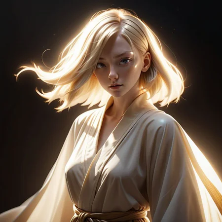 ((8k, best quality, masterpiece, extremely detailed, Rule of thirds)), (((light play, shadow play))), ((abstract background)), ((glamour photography)), ((cinematic, film grain)), ((anime aesthetic)), ((provocative)), ((soft light passing through hair)), ((short blond hair, floating hair)), ((cleric, cleric-robes, flowing robes, sheer, holy-light)), ((dynamic pose)), radiant-aura, profile-shot, close-up, eyes closed, reflective, shiny,