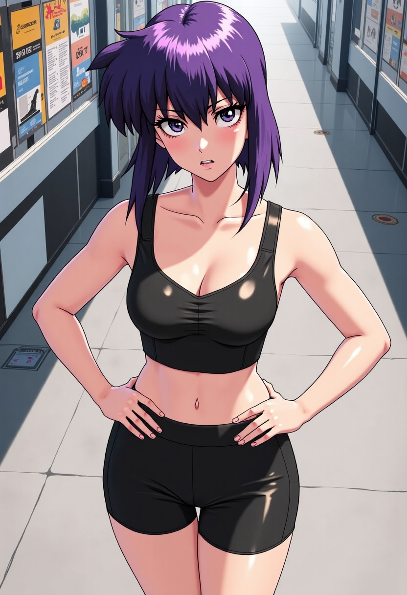 <lora:FLUX\Flux People 01042025\Motoko Kusanagi.safetensors:1.0>, solo, 1girl, motokosac, sweat, expressionless, looking back, hands on own hips, purple hair, black sports bra, black shorts, short shorts, ass, outdoors, city street