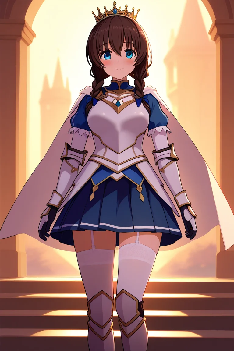 1girl, front-facing, natural pose, smiling, looking straight, hands at sides, scenic background, sunset lighting, breeze, glowing rim light, slightly waving cape, clean composition, warm colors, soft focus,<lora:HolyKnight_Ricca_Illustrious:1.0>,holy_ricca,braid,twin braid,long hair,breasts,blue eyes, brown hairknight_ricca,,white_cape,blue_dress,gloves,skirt,armor,crown,white,breastplate,gauntlets,greaves,armored boots,armored dress,blue skirt,pleated skirt,garter belt,garter straps,,white thighhighs,boots,, masterpiece, best quality, amazing quality, newest