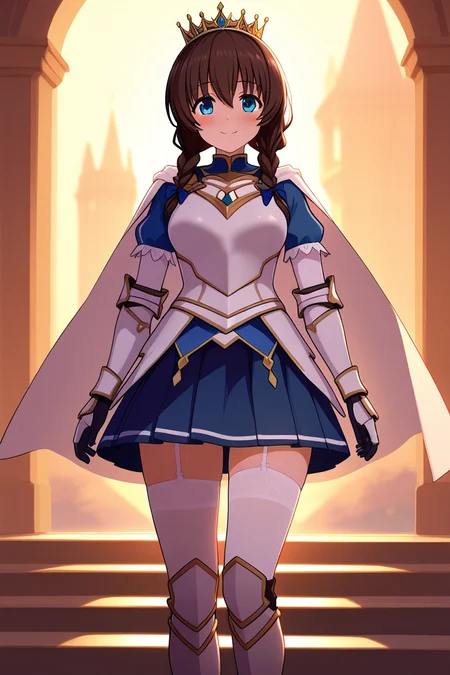 1girl, front-facing, natural pose, smiling, looking straight, hands at sides, scenic background, sunset lighting, breeze, glowing rim light, slightly waving cape, clean composition, warm colors, soft focus,<lora:HolyKnight_Ricca_Illustrious:1.0>,holy_ricca,braid,twin braid,long hair,breasts,blue eyes, brown hairknight_ricca,,white_cape,blue_dress,gloves,skirt,armor,crown,white,breastplate,gauntlets,greaves,armored boots,armored dress,blue skirt,pleated skirt,garter belt,garter straps,,white thighhighs,boots,, masterpiece, best quality, amazing quality, newest