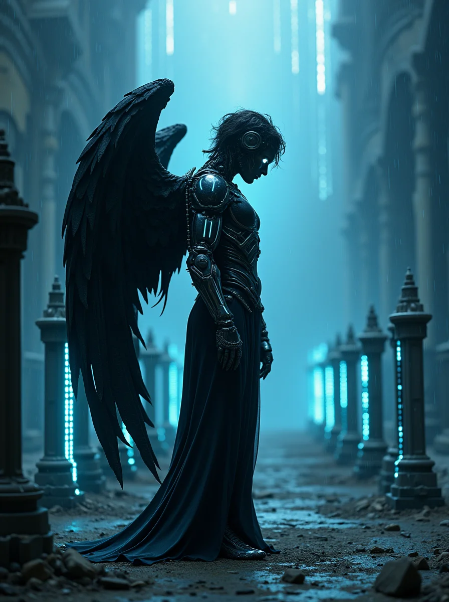 A dark angel in profile, with mechanical wings made of twisted metal and gears, stands at the center of an abandoned, futuristic cemetery. The angel's body is a fusion of organic and mechanical, with glowing cybernetic eyes and veins of blue light running through its dark, armored skin. The cemetery is filled with holographic tombstones flickering in and out of existence, and the ground is made of cracked, glowing neon glass. The sky above is a digital void, with code cascading like rain. The scene is illuminated by a cold, artificial light from below, creating a surreal, otherworldly atmosphere. The camera angle captures the angel from the side, emphasizing the contrast between the dark figure