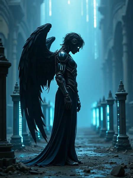 A dark angel in profile, with mechanical wings made of twisted metal and gears, stands at the center of an abandoned, futuristic cemetery. The angel's body is a fusion of organic and mechanical, with glowing cybernetic eyes and veins of blue light running through its dark, armored skin. The cemetery is filled with holographic tombstones flickering in and out of existence, and the ground is made of cracked, glowing neon glass. The sky above is a digital void, with code cascading like rain. The scene is illuminated by a cold, artificial light from below, creating a surreal, otherworldly atmosphere. The camera angle captures the angel from the side, emphasizing the contrast between the dark figure