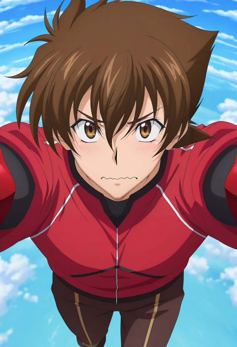 masterpiece, best quality, , anime screencap, anime coloring, official style, looking at viewer, 1boy, solo, male focus, <lora:issei_hyoudou_ilxl:1>, issei_hyoudou, brown hair, brown eyes, hair between eyes, short hair, boosted gear, claws, from above, treetops city, day, clouds, outstretched arms, wavy mouth, closed mouth,