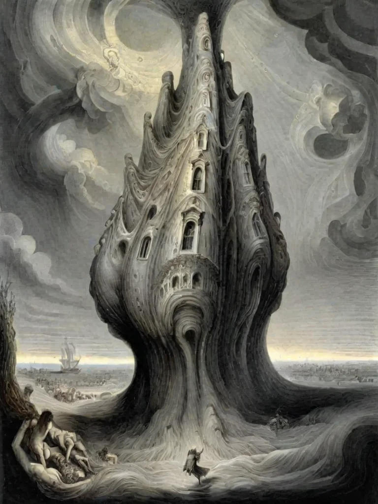 <lora:sur-mono_XL:1>, sur-mono_XL, monochrome, line sketch, surrealistic, in the style of Gustave Doré