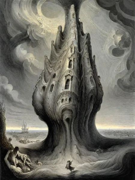 <lora:sur-mono_XL:1>, sur-mono_XL, monochrome, line sketch, surrealistic, in the style of Gustave Doré