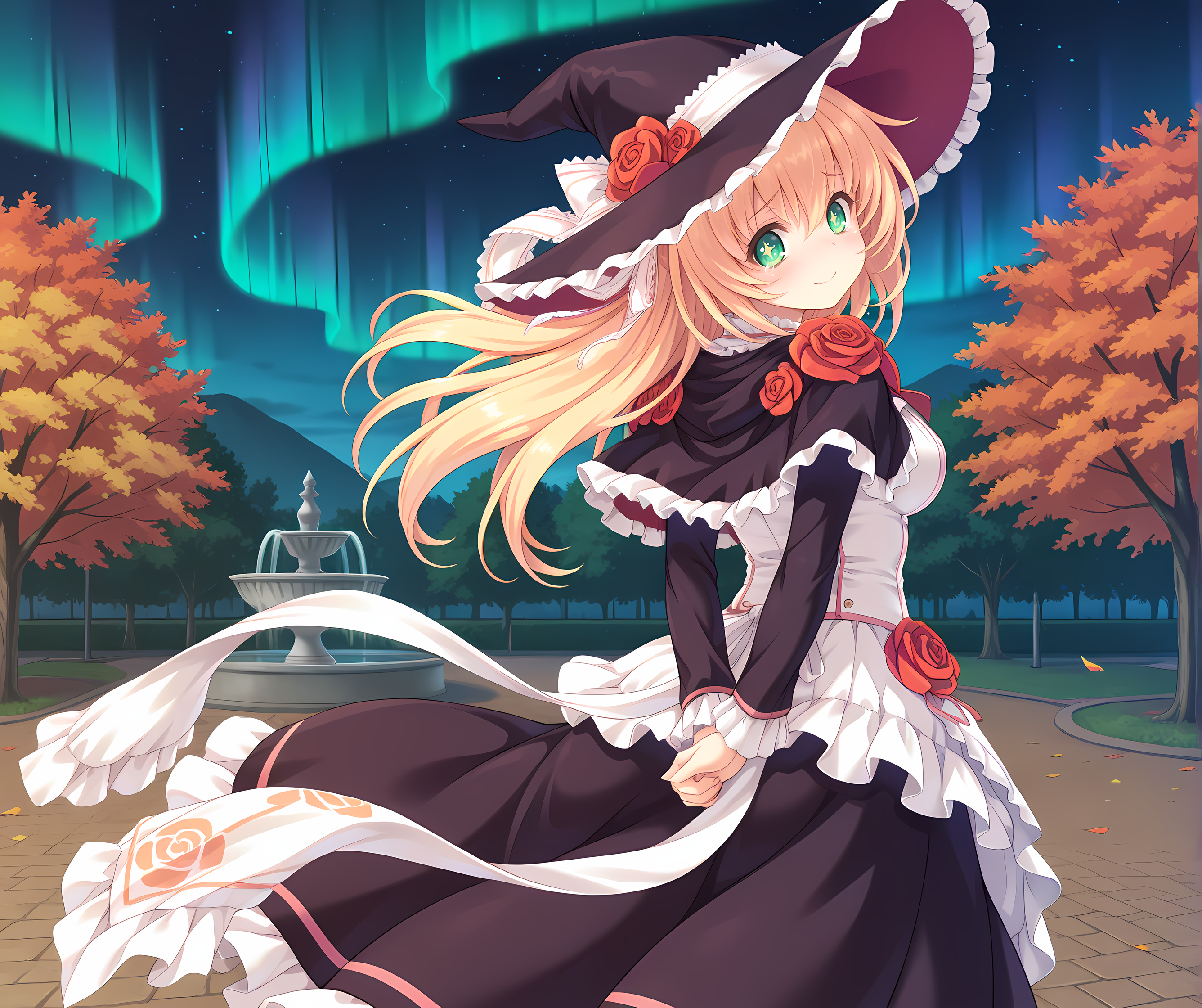 <lora:Alicia_Close_ã¢ãªã·ã¢ã¯ã­ã¼ãº_-_Escude_-_Relord:0.7>,solo,aliclose,blonde hair,long hair,green eyes,+_+,medium breasts,rose,hair ribbon,black dress,apron dress,sash,standing,outdoors,park,fountain,arms behind back,looking back,smile,sad smile,tears,dappled sunlight,witch hat,moonlight,night sky,starry sky,aurora,autumn leaves,wind,wind lift,floating hair,, masterpiece,best quality,amazing quality, very aesthetic, absurdres,detailed eyes,ultra-detailed,