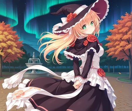 <lora:Alicia_Close_ã¢ãªã·ã¢ã¯ã­ã¼ãº_-_Escude_-_Relord:0.7>,solo,aliclose,blonde hair,long hair,green eyes,+_+,medium breasts,rose,hair ribbon,black dress,apron dress,sash,standing,outdoors,park,fountain,arms behind back,looking back,smile,sad smile,tears,dappled sunlight,witch hat,moonlight,night sky,starry sky,aurora,autumn leaves,wind,wind lift,floating hair,, masterpiece,best quality,amazing quality, very aesthetic, absurdres,detailed eyes,ultra-detailed,