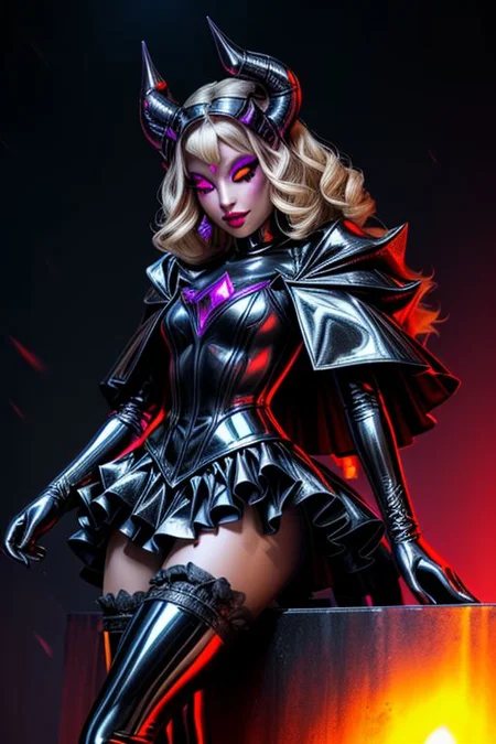 MEvil, DemonicT, EvlSM, Bad_End_Precure, DarkPrecure, adult, evil corrupted blonde princess wearing dark pastel (ruffled:1) (gleaming latex:1) gown with (long latex cape:1) and latex elbow gauntlets, soft lighting, ruffles,
(makeup, lipstick, mascara, eyeshadow),
(blue skin, black sclera, colored sclera, colored skin, yellow eyes, demon wings, demon horns, slit pupils),
(red eyes, colored skin, glowing eyes, evil smile:1),
<lora:more_details:1>,