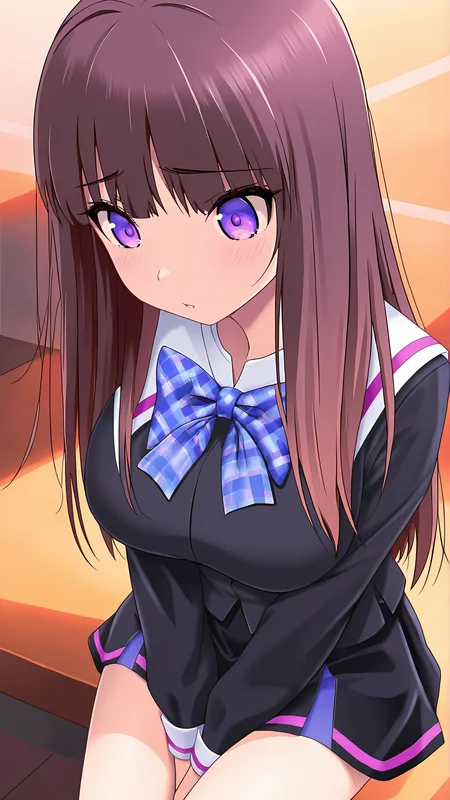 amazing quality,absurdres,best quality,masterpiece,highres,newest,detailed,detailed body,detailed face,masterpiece,best quality,solo,
kagari,1girl,solo,purple eyes,long hair,school uniform,skirt,brown hair,bow,<lora:kagari:1>,