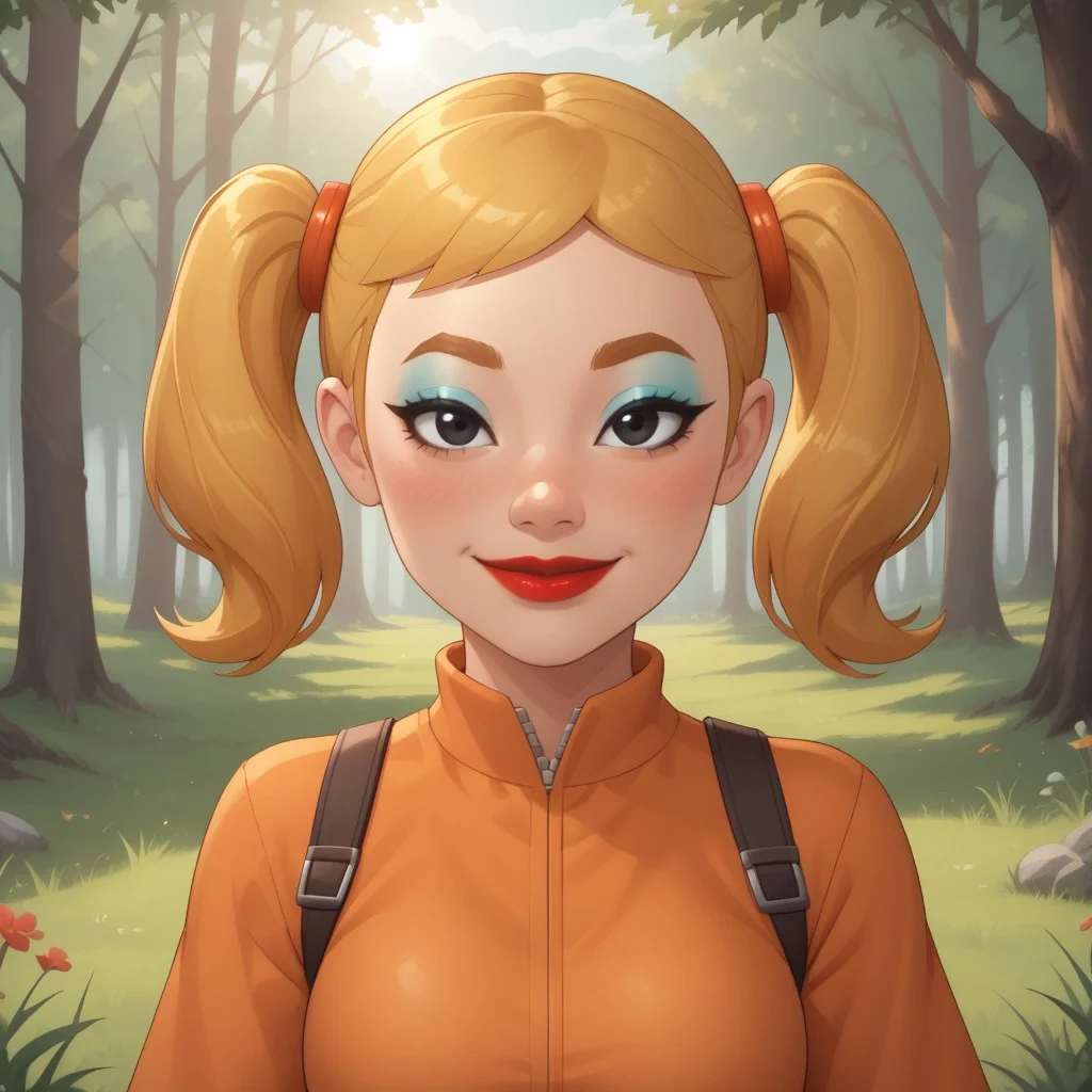 score_9, score_8, BREAK, solo, mii, wii, wii sports, 1girl, female mii, cute, attractive, blonde hair, twintails, dark blonde eyebrows, makeup, blush, blue eyeshadow, red lips, lipstick, orange clothing, white pants, breasts, Nintendo Mii, modern_mii, classic_mii, Midoriya_(OC_Mii), black eyes sexy pose, smile, outdoors, sunlight, shadows, evening lighting, natural lighting, forest, trees, grass, orange sky, sunset