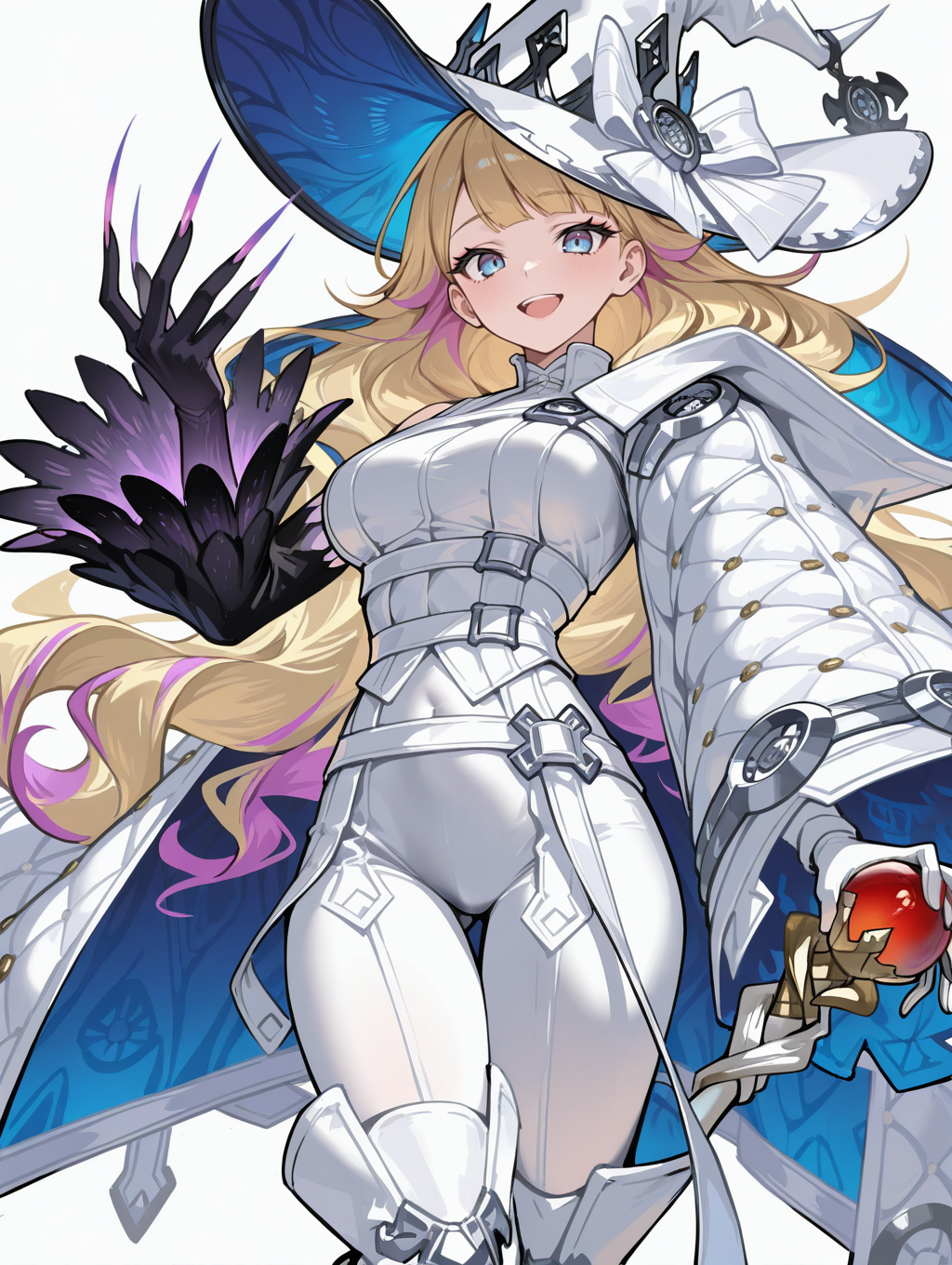diabellze the original sinkeeper, 1girl, solo, smile, white background, looking at viewer, staff, open mouth, simple background, holding staff, medium breasts, white witch hat, white bodysuit, white coat, white thigh boots, single purple elbow glove, sketch, very long fingernails
masterpiece,best quality,amazing quality,very aesthetic,absurdres,newest,<lora:diabellstar the black witch and original sinkeeper illuXL v1.2:0.8>,