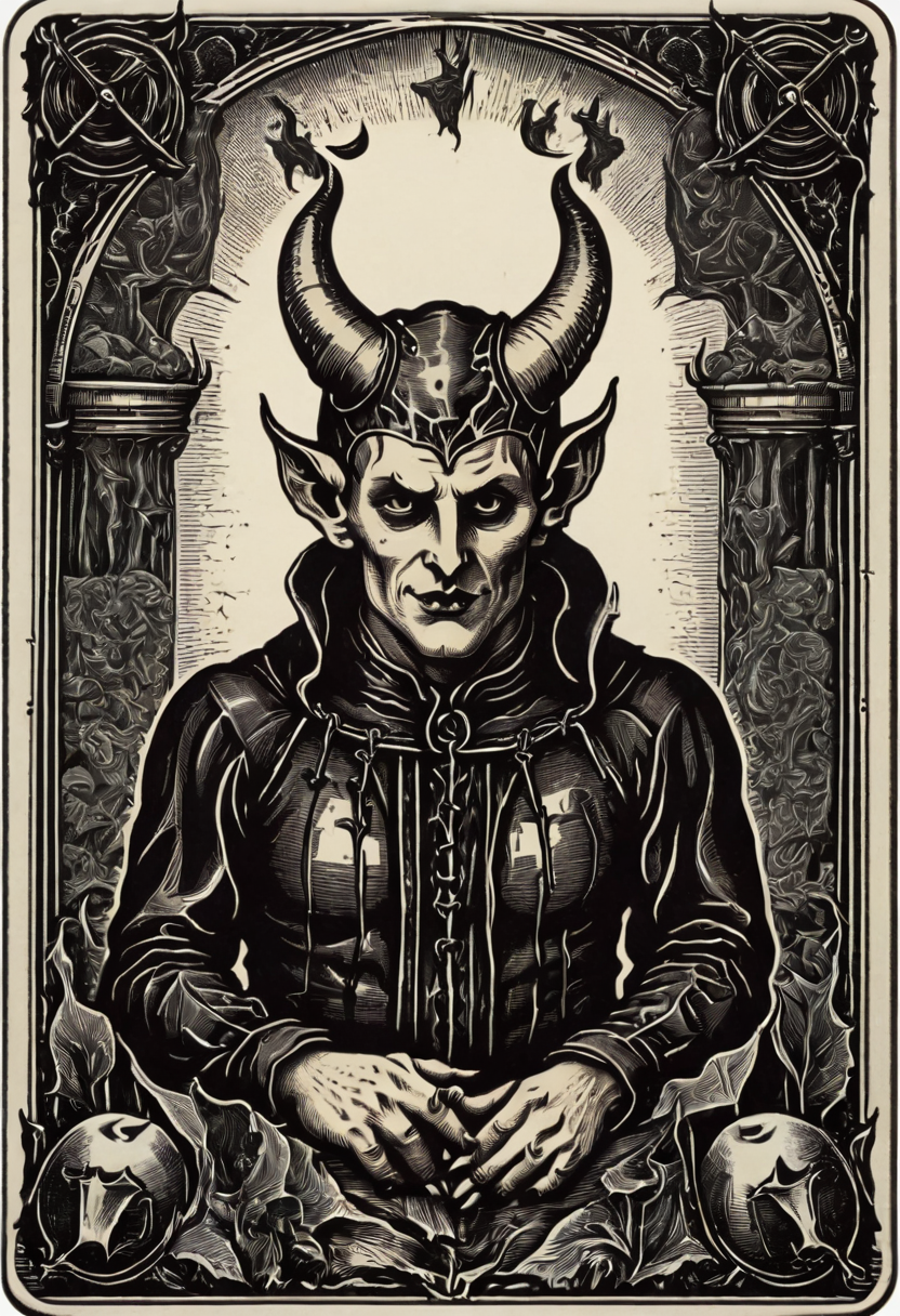 tarot_card, devil, front perspective, flat, frame,( square:1.1), (white outline:1.2)  <lora:tarot_card:1>