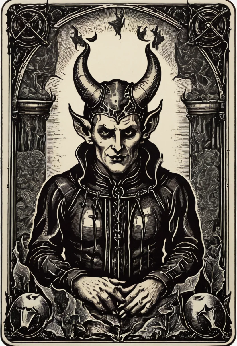 tarot_card, devil, front perspective, flat, frame,( square:1.1), (white outline:1.2)  <lora:tarot_card:1>