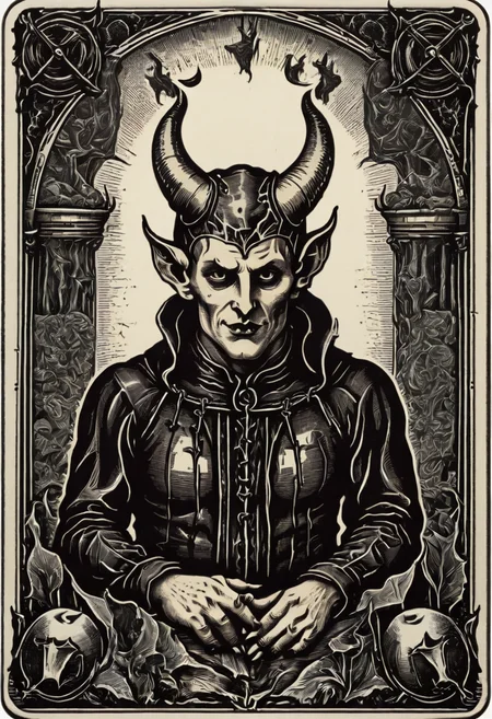 tarot_card, devil, front perspective, flat, frame,( square:1.1), (white outline:1.2) <lora:tarot_card:1>