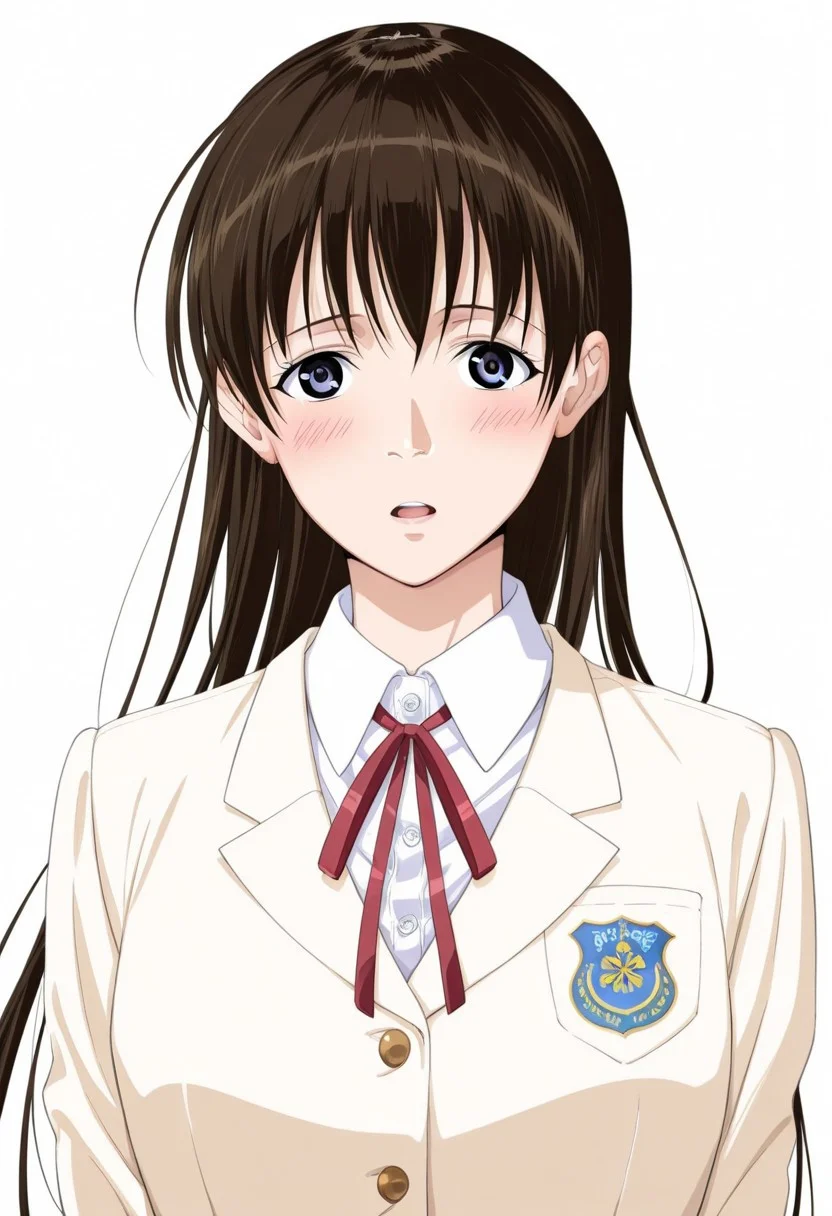 score_9, score_8_up, score_7_up, source_anime,(extremely detailed CG), (best quality),
1girl, solo, brown hair, long hair, school uniform, simple background, open mouth, jacket, blush, white background, blazer, looking at viewer, buttons, ribbon, karen