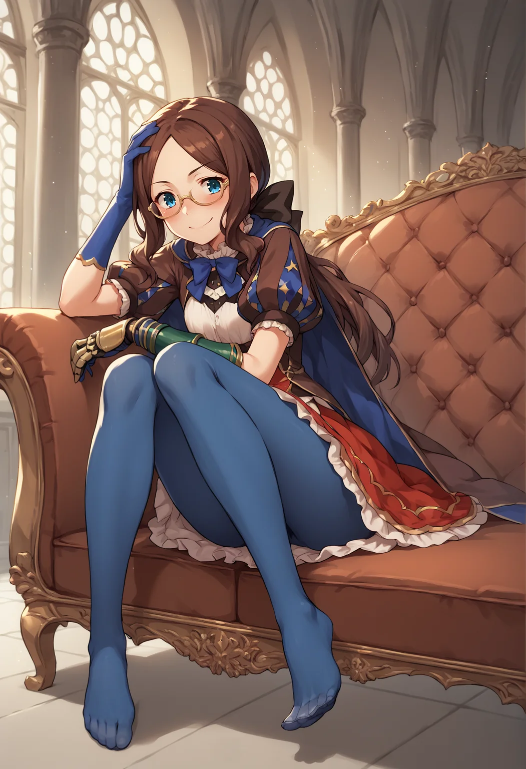 1girl, long hair, blue eyes, brown hair, sidelocks, low ponytail, ribbon, dress, white shirt, puffy sleeves, short sleeves, red skirt, cape, blue pantyhose, elbow gloves, single gauntlet, toes, indoors, blushing, sitting, knee on head, couch, mansion, evil smile, glasses <lora:Vinci_XL:1>, score_9, score_8_up, score_7_up, score_6_up, score_5_up, score_4_up, BREAK source_anime, masterpiece