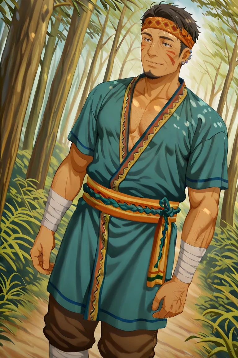 score_9, score_8_up, score_7_up, score_6_up, perfect anatomy, perfect proportions, best quality, masterpiece, high_resolution, high quality, best aesthetic, incredibly absurdres, highres, extremely detailed, huge filesize, solo male, adult, mature, masculine, manly, handsome, charming, alluring, standing, upper body, dutch angle, cowboy shot, perfect face, source_game \(Devotion\), official style \(Devotion\),DVNShadad, Sha-Sha's Father \(Devotion\), Sha-Sha's Dad \(Devotion\), black hair, short hair, black eyes, facial hair, goatee, tan skin, facial paint, Taiwanese indigenous clothing, DVNShadad_outfit01, orange headband, embroidery headband, colorful embroidery, indigenous patterns, indigenous tunic, teal tunic, blue tunic, woven sash belt, brown pants, wrist bandage, wrist wraps, leg wraps, leg bandage, foot bandage, barefoot, ear plugs, qingay \(Atayal Bamboo ear plugs\), ears pierced, outdoor, nature, forest