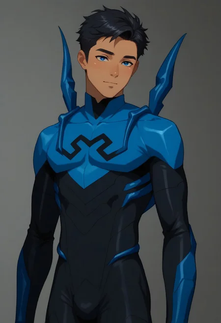 score_9, score_8_up, score_7_up, highly detailed, cute boy, 1boy, solo, Blue beetle, blue and black costume, black hair, brown skin