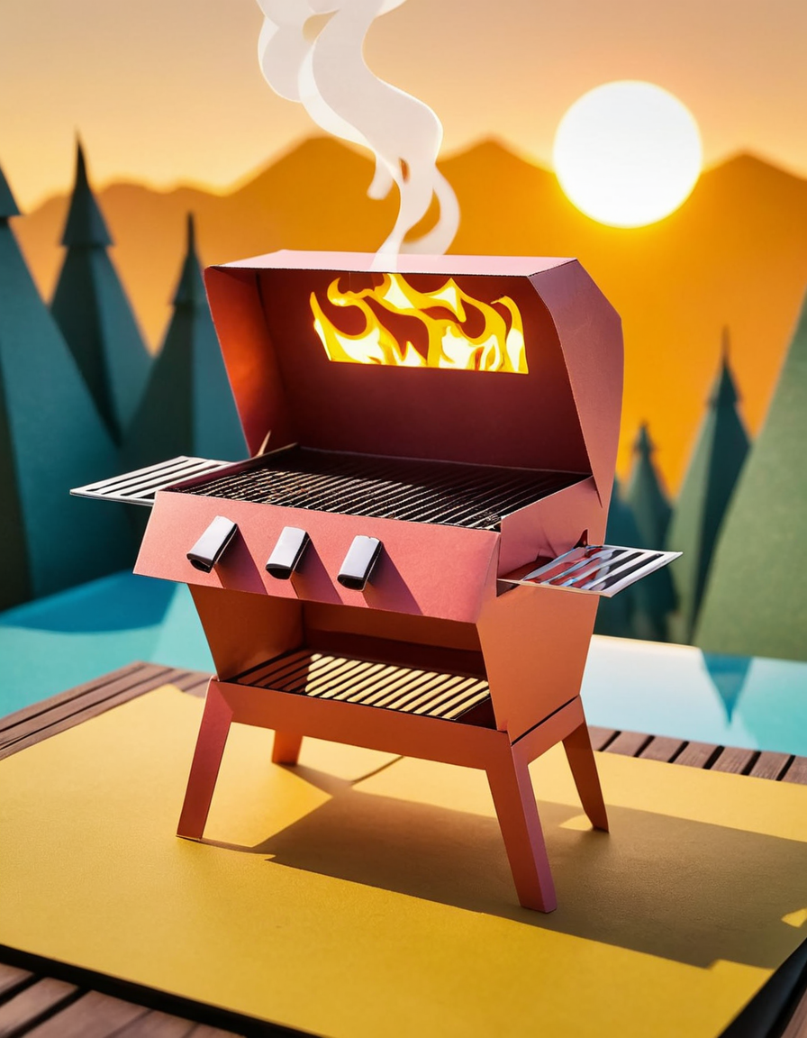made out of ral-ppr, papercraft, paper, barbecue, <lora:ral-ppr-sdxl:0.7>, perfect composition, aesthetic, beautiful elegant, highly color focused, sunny, highly detail, surreal, cinematic atmosphere, magic atmosphere