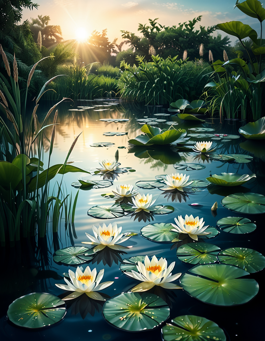 A highly detailed and realistic photograph of a serene lily pond surrounded by lush greenery. The calm water reflects the soft sunlight filtering through the overhanging trees. The surface is adorned with vibrant green lily pads, some with delicate pink and white water lilies in full bloom. A few dragonflies hover above the water, their wings catching the light. Gentle ripples create subtle distortions in the reflection of the sky and foliage. In the background, a dense array of reeds and aquatic plants frame the pond, adding depth and texture. The soft golden glow suggests late afternoon or early evening, enhancing the tranquil and picturesque atmosphere. The composition is balanced, drawing the viewerâs eye toward the natural beauty of the water lilies and their intricate details.
 <lora:SDXLFaeTastic2400:0.4> <lora:extremely_detailed:0.4> extremely detailed,<lora:lily_p0nd:1>,lily p0nd, Masterpiece,best quality,hi res,8k,hi res,8k,award winning,(sharp focus, intricate, highly detailed),