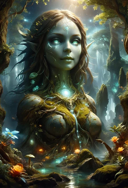 (mother earth:1.3)earth magic rugged, floating boulder, covered in patches of moss and small plants, emanating deep resonant hum, breathing, with veins of glowing minerals tracing patterns like ancient runes <lora:ral-fntsyrlms-sdxl:1> ral-fntsyrlms, atmospheric lighting, famous artwork by (keith parkinson:1.1) and (chuck lukacs:1.3), (dramatic scene:1.1), (fractal art:1.1), detailed expressive eyes, fantasy style,  dynamic angle,
(enliven,inspire,alluring,cosmic microwave background,electric waterspouts,luminescent,smeared,reflective,amber,chromium magic:1.0), Hands clasped behind her back, head tilted to one side with a playful smirk playing on her lips, she channels an air of confident seduction that is impossible to resist, Happy,  wide smile with raised cheeks and crow's feet around the eyes.
 <lora:zavy-cntrst-sdxl:1> <lora:MJ52:.3> <lora:add-detail-xl:1> <lora:great_lighting:3> great lighting