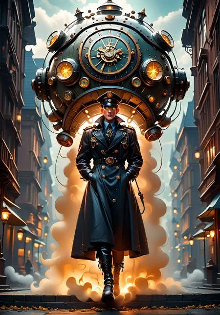 score_9, score_8_up, score_7_up, score_6_up, score_5_up, score_4_up, source_anime. A steampunk city street at dusk, bustling with Victorian-era architecture and intricate brass machinery. A stern police officer, dressed in a classic leather trench coat, tall boots, and a brass helmet with goggles, is walking along the cobblestone road, inspecting a mysterious crime scene. Beside him, a humanoid clockwork robot assistant stands, with intricate gears and glowing copper elements visible under its polished brass exterior. The robot has glowing eyes and its limbs move with mechanical precision. Steam hisses from pipes that run along the street, and gas lamps cast a warm, yellow glow. In the background, large clock towers and airships float in the sky, their propellers whirring softly. The mood is tense and mysterious, filled with a sense of investigation and adventure.