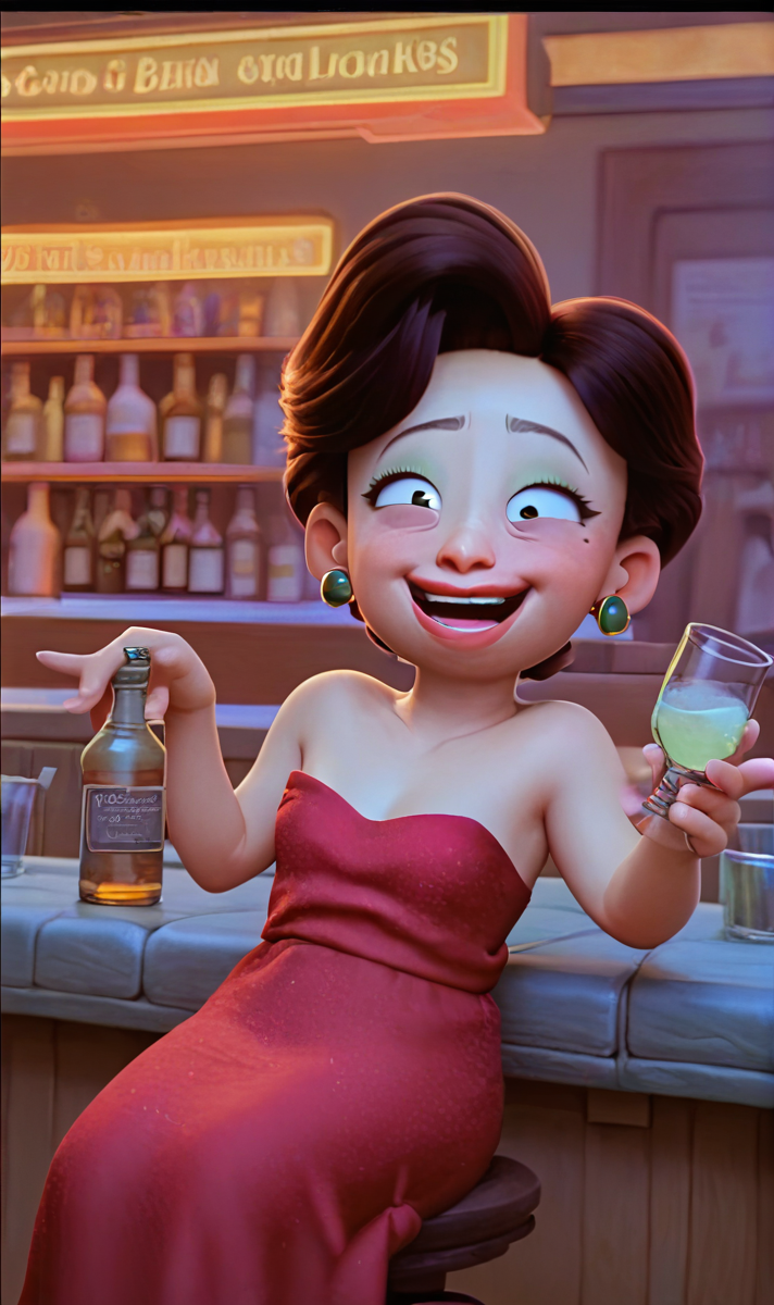 ML, 1girl, solo, score_9, score_8_up, score_7_up, sitting, bar, empty bottles, drunk, strapless red dress, droopy eyes, laughing, holding bottle, holding glass, alcohol, <lora:Ming Lee Pony XL:0.8>