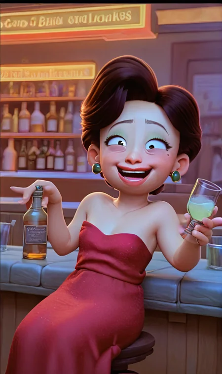 ML, 1girl, solo, score_9, score_8_up, score_7_up, sitting, bar, empty bottles, drunk, strapless red dress, droopy eyes, laughing, holding bottle, holding glass, alcohol, <lora:Ming Lee Pony XL:0.8>