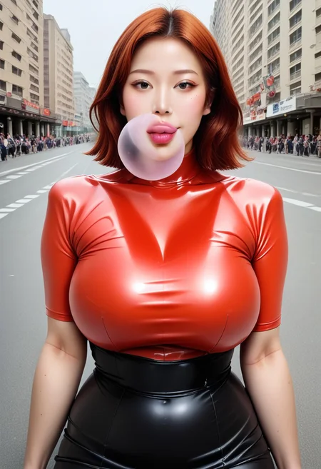 white skin, photo of an 22-year-old Korean idol,masterpiece, best quality,smiling, realistic,score_9, score_8_up, score_7_up, (full body shot), semi realistic,forehead, shot, (extra long thick luxurious shiny red-auburn hair),mature asian,milf, 
1girl, female, huge breasts, thick thighs, wide hips, horny, lips, korean_race_queenv2,gini_S2,Realisian-Neg, (yellow and black checkerboard skirt),(stiped yellow and red suit), (dark-purple latex shirt),pantyhose, parted bangs,manhwa milf, queen bee ami, lips (blowing clear large bubblegum), (walking through city park background)