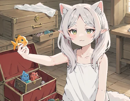 masterpiece,solo,anime-style,a  cat holding a fish  in her one hand,<lora:frieren_meme-000014:0.85>,room,  treasure chest