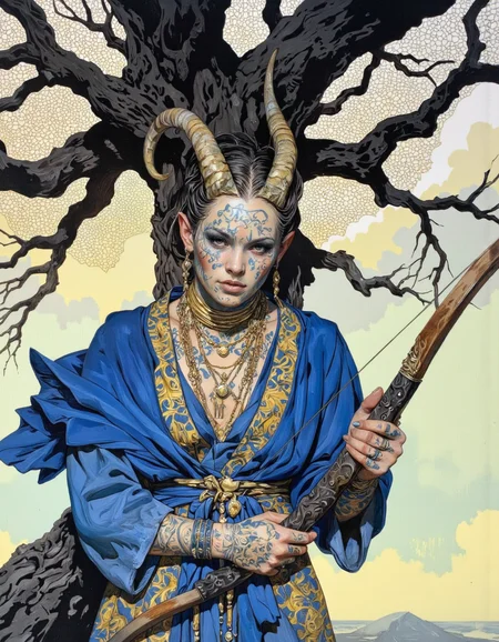 By Phandigrams. This image is a digital drawing in a fantasy art style, depicting a fantastical character with a blend of human and demonic features. The subject is a female with pale skin, adorned with intricate tattoos that cover her face and neck. She has large, curved horns emerging from her head, adding a demonic element to her appearance. Her eyes are a striking, piercing blue, and her expression is intense and focused.
She wears a blue, flowing robe with intricate patterns and golden accents, which contrasts with her pale skin. Around her neck, she has multiple layers of golden necklaces, some of which are adorned with pendants. Her ears are elongated and pointed, with dangling earrings that add to her otherworldly appearance.
The background is dominated by a large, gnarled tree with intricate, web-like patterns of branches that create a sense of depth and complexity. The tree's bark is dark and textured, contrasting sharply with the lighter, almost ethereal background. The sky is a gradient of soft pastel colors, transitioning from pale yellow at the bottom to a light blue at the top, creating a serene and mystical atmosphere. The overall color palette is dominated by dark blues, blacks, and golden accents, with the soft pastel hues of the sky adding a dreamlike quality to the scene. The image is rich in detail and texture, with a focus on the archer's powerful stance and the intricate, otherworldly elements of the environment. <lora:Phandigrams:0.8>
