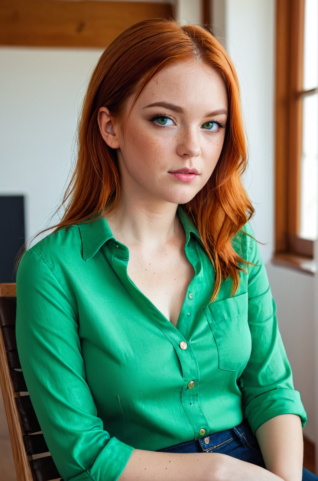 breathtaking 1girl, black shirt, breasts, chair, denim, freckles, green eyes, green shirt, indoors, lips, looking at viewer, orange hair, pants, parted lips, portrait, realistic, red hair, scar, shirt, solo, teeth, v-neck, woman  <lora:S4ndr4_nm_4:0.75> S4ndr4 . award-winning, professional, highly detailed