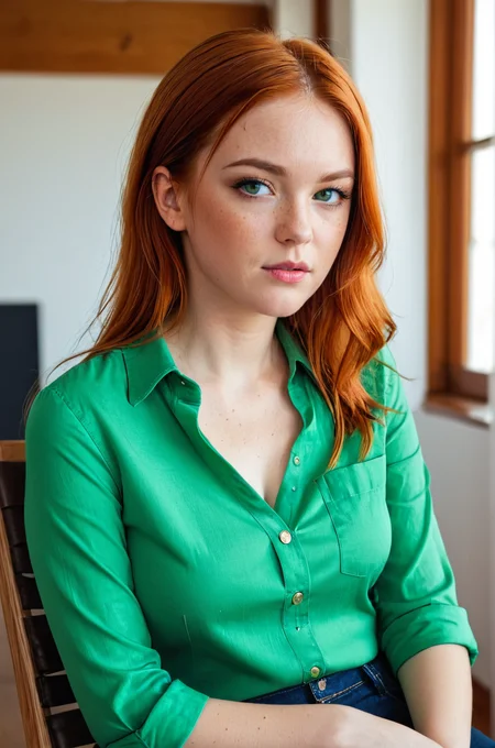 breathtaking 1girl, black shirt, breasts, chair, denim, freckles, green eyes, green shirt, indoors, lips, looking at viewer, orange hair, pants, parted lips, portrait, realistic, red hair, scar, shirt, solo, teeth, v-neck, woman  <lora:S4ndr4_nm_4:0.75> S4ndr4 . award-winning, professional, highly detailed