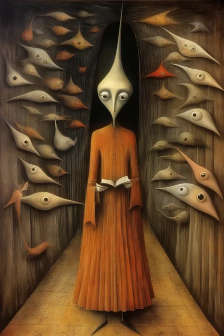<lora:Remedios Varo Style:1>Remedios Varo Style - can you create a painting depicting healing your nightmares in your subconscious in the style of Remedios Varo