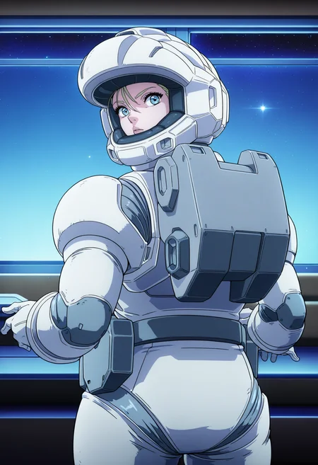 masterpiece, best quality, good quality, <lora:GTBClaudia:0.9>, GTBClaudia, 1girl, solo, blonde hair, blue eyes,
white spacesuit, gloves, helmet,
standing, from behind, looking back, looking at viewer,
BREAK spacecraft interior, dark, window, space, star \(sky\),