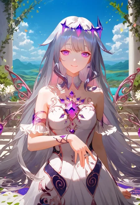 score_9, score_8_up, score_7_up, score_6_up, Expressiveh, ultra detailed, high resolution, absurdres, masterpiece, 
1girl, beautiful, aesthetic, dynamic pose, perfect hands, perfect anatomy, beautiful hand, happy, looking at viewer, petite, short, thin, slim, detailed face, beautiful face, detailed eyes, beautiful eyes, 
bijou, long hair, dynamic hair, silver hair, purple highlight, purple eyes, small breast, detailed outfit, embellished outfit, slim thigh, 
beautiful scenery, aesthetic scenery, detailed background,
depth of field, realistic, realistic background,