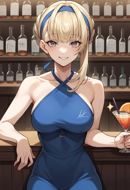 score_9, score_8_up, score_7_up, source_anime BREAK 1girl, solo, <lora:zs_MeropeXL:1> meropep5x, blonde hair, blue hairband, braid, bangs, grey eyes,black halterneck dress, cowboy shot, bar, smile, cocktail,