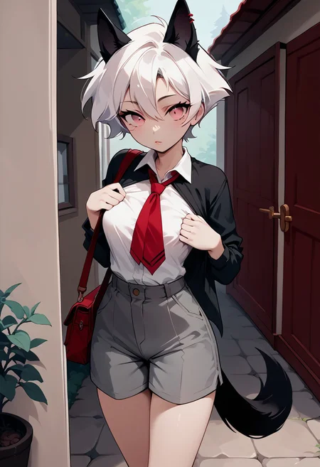score_9, score_8_up, score_7_up, score_6_up, c1ca,1girl,adult,bare_legs, impossible_clothes, body_silhouette, adjusting clothes, eye_contact, perfect_breasts, lips parted, slim, short hair, pink eyes, white hair, animal ears, red piercing, black wolf tail,ruanyi1043, white shirt, red tie, grey shorts, fishnets, standing, cute_expression, outdoors,porch,doorway,