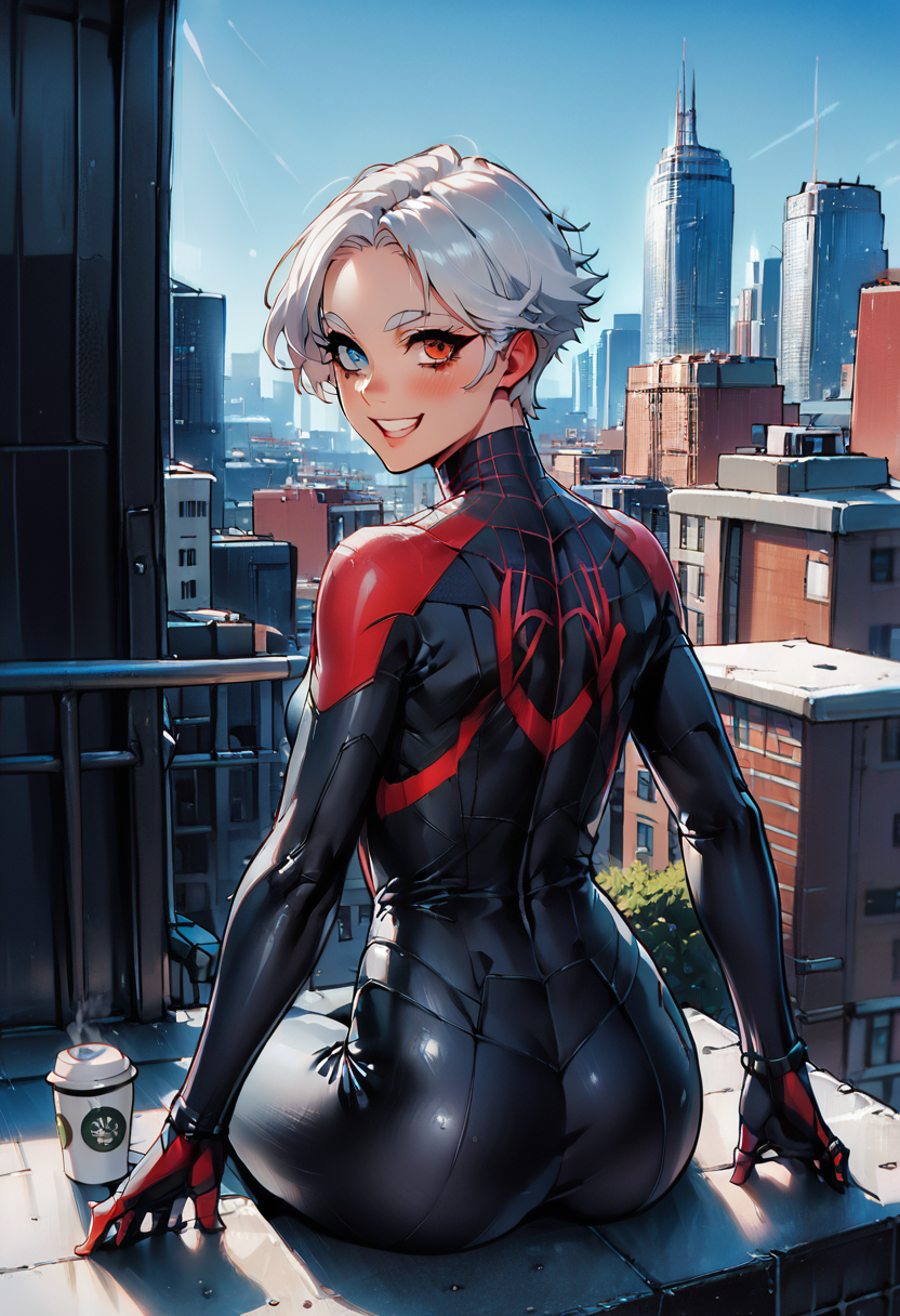 score_9,score_8_up,score_7_up,score_6_up,score_5_up,score_4_up, source_cartoon, source_anime, very high detail, intricate details, from behind, 1girl, 20 yo, nsfw, milessuit, action pose, milessuit, short white hair, small breasts, haircut, heterochromia, thick eyelashes, long eyelashes,  makeup, happy, smile, flirting with viewer, blush, sitting on roof, drinking coffee, outdoor, new york, <lora:milesPony:0.6>,   <lora:add-detail-xl:2>,  <lora:Anime Summer Days 2 Style SDXL_LoRA_Pony Diffusion V6 XL:1>,  <lora:covered navel XL-v1:1>