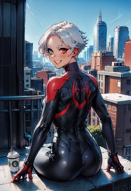 score_9,score_8_up,score_7_up,score_6_up,score_5_up,score_4_up, source_cartoon, source_anime, very high detail, intricate details, from behind, 1girl, 20 yo, nsfw, milessuit, action pose, milessuit, short white hair, small breasts, haircut, heterochromia, thick eyelashes, long eyelashes, makeup, happy, smile, flirting with viewer, blush, sitting on roof, drinking coffee, outdoor, new york, <lora:milesPony:0.6>, <lora:add-detail-xl:2>, <lora:Anime Summer Days 2 Style SDXL_LoRA_Pony Diffusion V6 XL:1>, <lora:covered navel XL-v1:1>