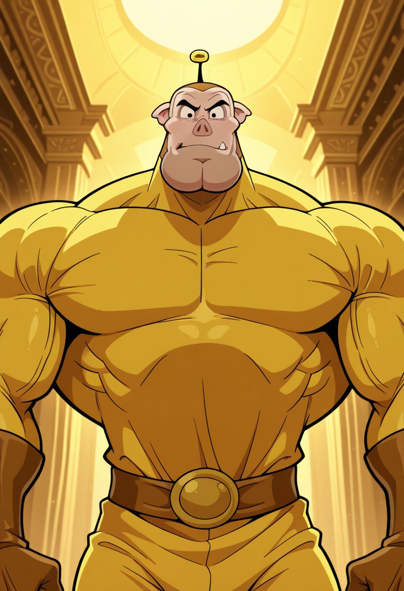 <lora:PorkPigglerDD:1>, solo, pork_piggler, male, pig boy, manly, masculine, black eyes, yellow bodysuit, belt, gloves, face focus, portrait, upper body, BREAK unparalleled masterpiece, best quality, amazing quality, very aesthetic, high resolution, cinematic lighting, extremely-detailed, depth of field, newest, scenery, detailed skin, detailed muscles