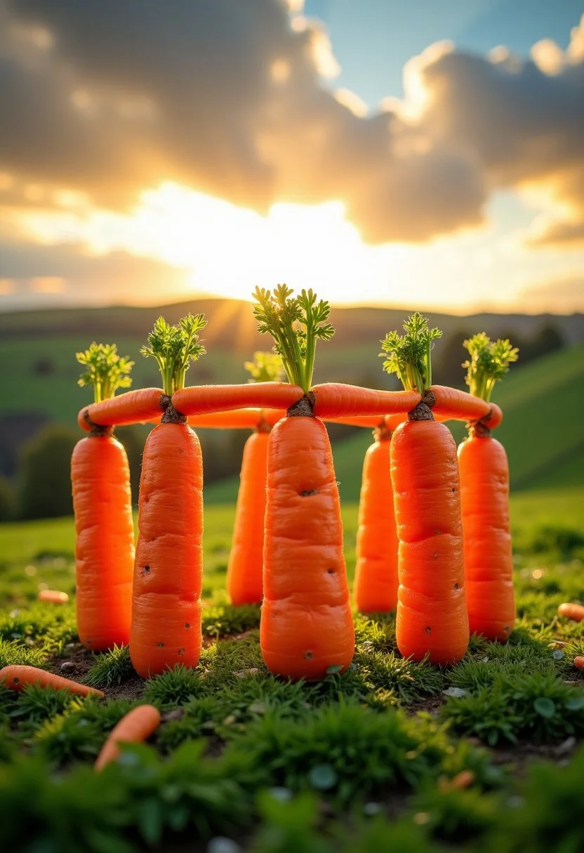 A stunning professional photograph of a miniature Stonehenge, meticulously crafted from vibrant, fresh carrots. The tall, upright carrot pillars are arranged in a perfect circle, with cross-beams made of shorter carrot pieces balanced on top. Each carrot displays intricate details, from the earthy texture of the skin to the green, leafy tops. The scene is set against a soft, natural backdrop of rolling green hills under a dramatic sky, with clouds casting a golden hue from the setting sun. The lighting highlights the vibrant orange of the carrots, contrasting beautifully with the natural landscape. The photo captures both the whimsy and artistry of this carrot Stonehenge, blending playful creativity with the timeless mystery of the ancient monument