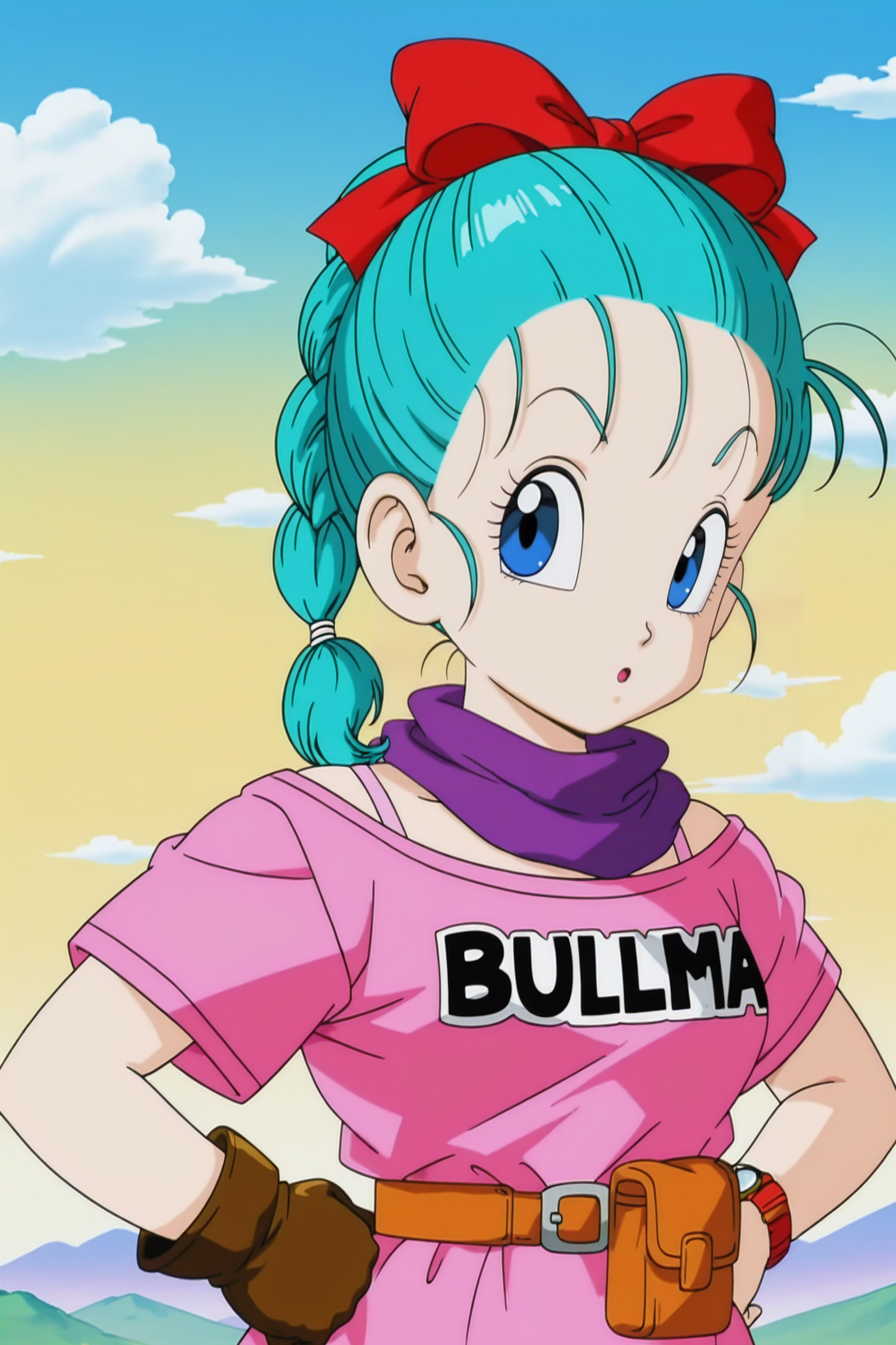 anime screencap, absurdres, high quality,
bulma, dragon ball \(classic\), og outfit, official style, 1girl, eyebrows, solo, looking at viewer, cloud, blue eyes, hair bow, aqua hair, hair ribbon, braid, bra strap, mountainous horizon, day, :o, character name, english text, single braid, pink dress, clothes writing, braided ponytail, purple scarf, upper body, eyelashes, print dress, single glove, brown gloves, wristwatch, hands on hips, outdoors, sky, fanny pack, belt, hair pulled back, 
 <lora:Bulma_IL:0.8>