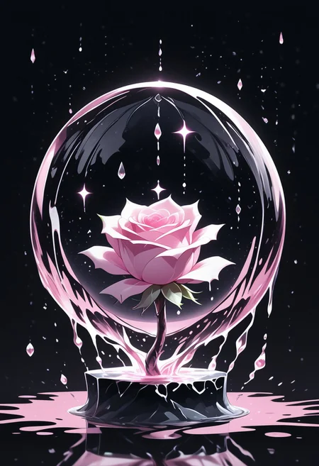 (masterpiece), best quality, Anime, Illustration, (Floating Sphere, Crystal, Magic, Reflection, Melting, Dripping, Pink Rose), Black Background, No Humans, Starry Theme, (Light Refraction), White and Pink Theme, Natural Lighting, Verynsty
