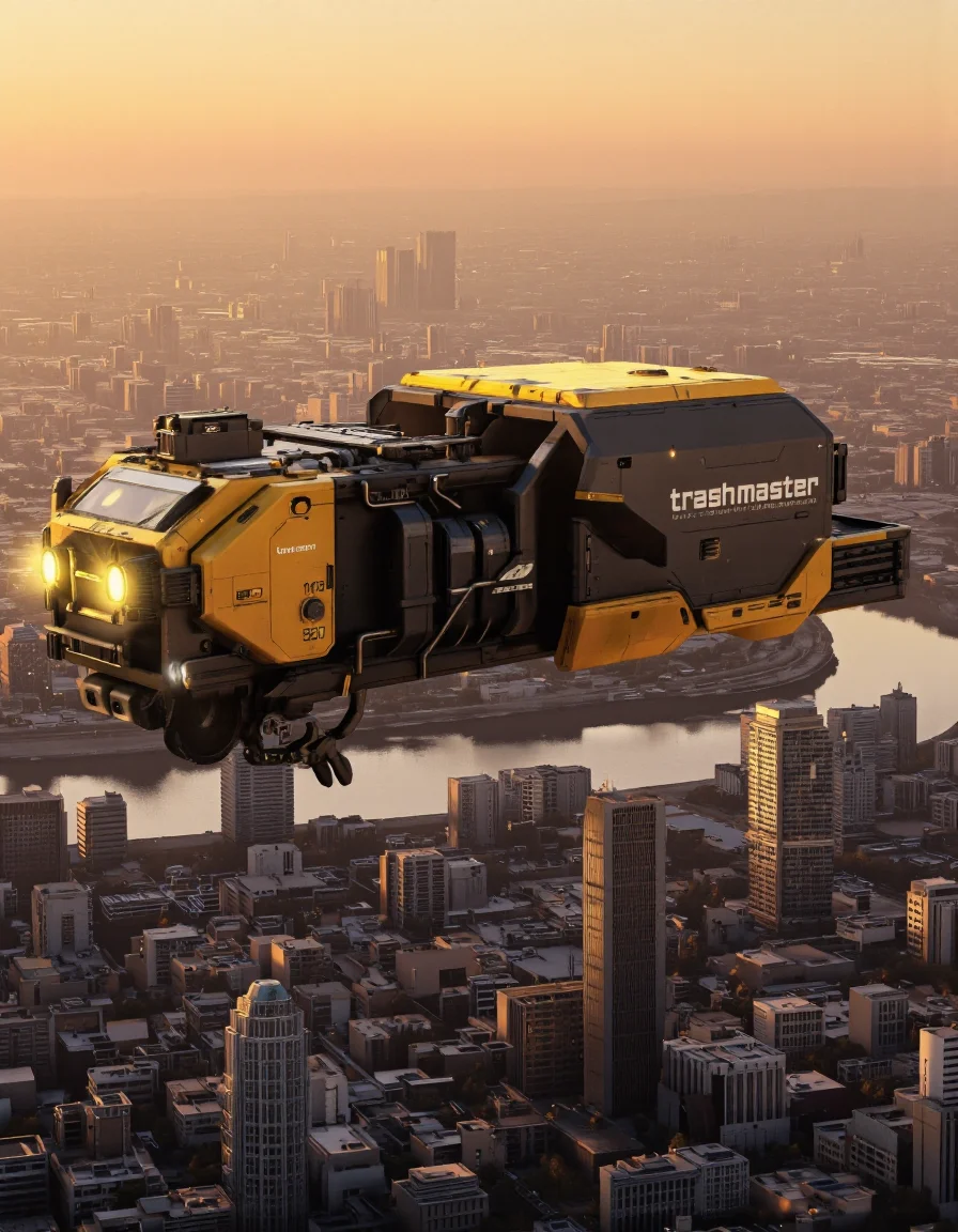 QuantumZ. A futuristic, sci-fi concept art shoot from a bird's eye view about a large, yellow and black cargo vehicle with the words "trash master" written on the side, flying over a city at sunset. the vehicle is positioned in the center of the image, with the cityscape below and a river running through it. the city is densely populated with tall buildings and skyscrapers, and the sky is a warm orange hue, indicating that it is either sunrise or sunset. on the front of the vehicle, there is a sleek, angular design with glowing yellow headlights, giving it a futuristic look.
